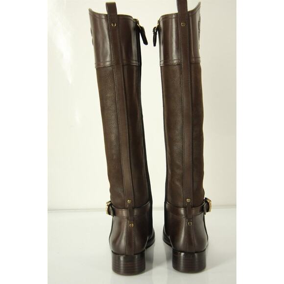Tory Burch Brown Leather Simone Logo Embossed Riding Boots New Sz 5.5 - Picture 6 of 10